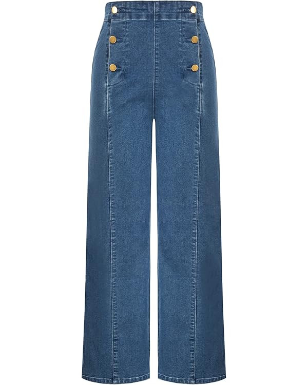 Belle Poque Women's High Waisted Wide Leg Jeans Button Decorated Casual Stretchy Demin Pants with... | Amazon (US)
