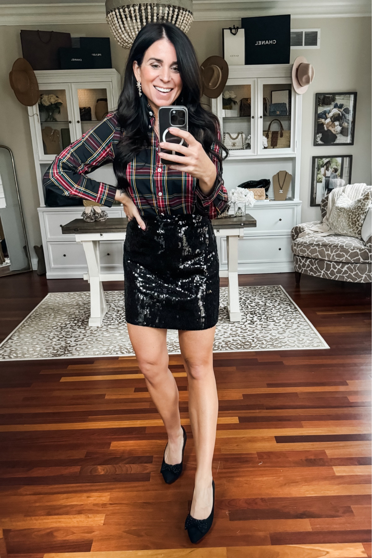 Holiday Christmas party outfit
Sequin skirt size 4
Plaid top size medium 

#LTKSeasonal #LTKHoliday #LTKparties