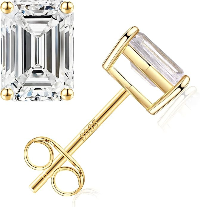 S925 Sterling Silver Stud Earrings Set for Women, Emerald Cut Simulated Diamond Stud Earrings Hyp... | Amazon (US)