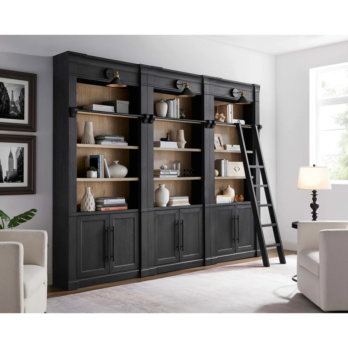Three 8' Tall Bookcase Wall With Ladder, Storage Organizer, Display Shelf for Office, Black | Wayfair North America
