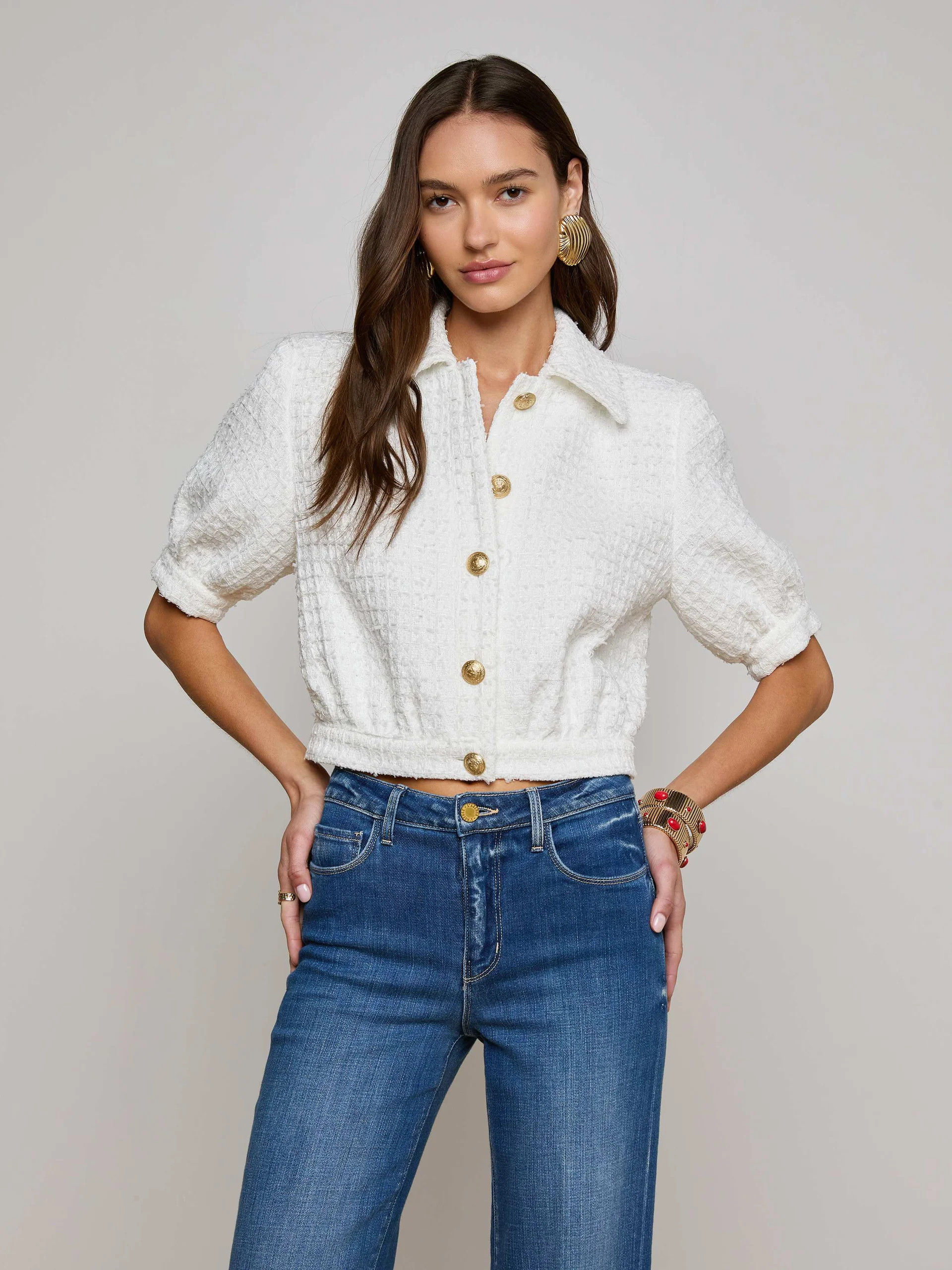 Cove Cropped Tweed Jacket in White | L'AGENCE | L'Agence