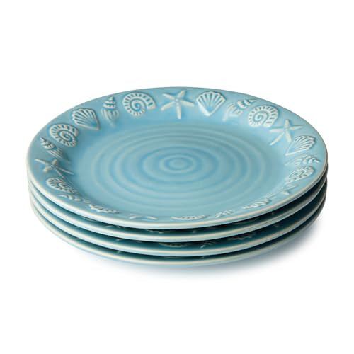 Coastline Blue Stoneware DINNER PLATES SET of 4, 10.5-inch embossed coastal shell and starfish plates with glossy sea-blue glaze for relaxed coastal living, beach house dining and everyday meals | Amazon (US)