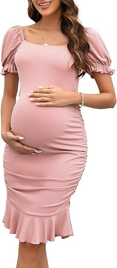 BeautyNee Women's Short Puff Sleeve Maternity Dress Summer Square Neck Ruffle Hem Smocked Bodycon... | Amazon (US)
