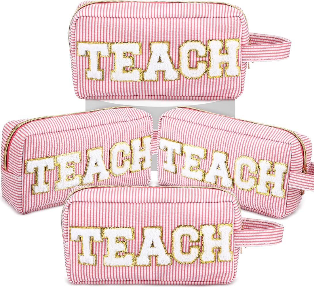 Locmeo 4 Pcs Teacher Chenille Letter Bags Preppy Patch Makeup Bag TEACH Letter Cosmetic Bag Strip... | Amazon (US)