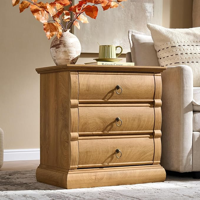 22" Vintage Nightstand with 3 Curved Front Drawers & Retro Ring Pulls & Charging Station, Wood Be... | Amazon (US)