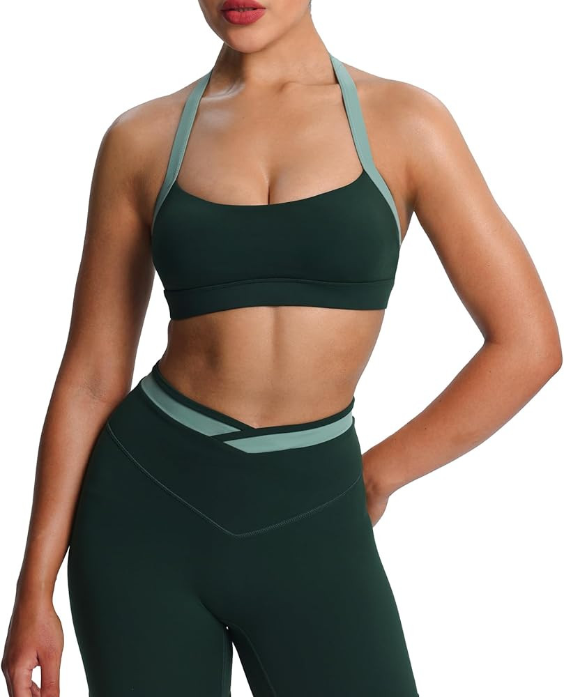 Aoxjox Women's Color Block Halter Workout Sports Bras Fitness Athletic Vanessa Bra Yoga Crop Tank | Amazon (US)