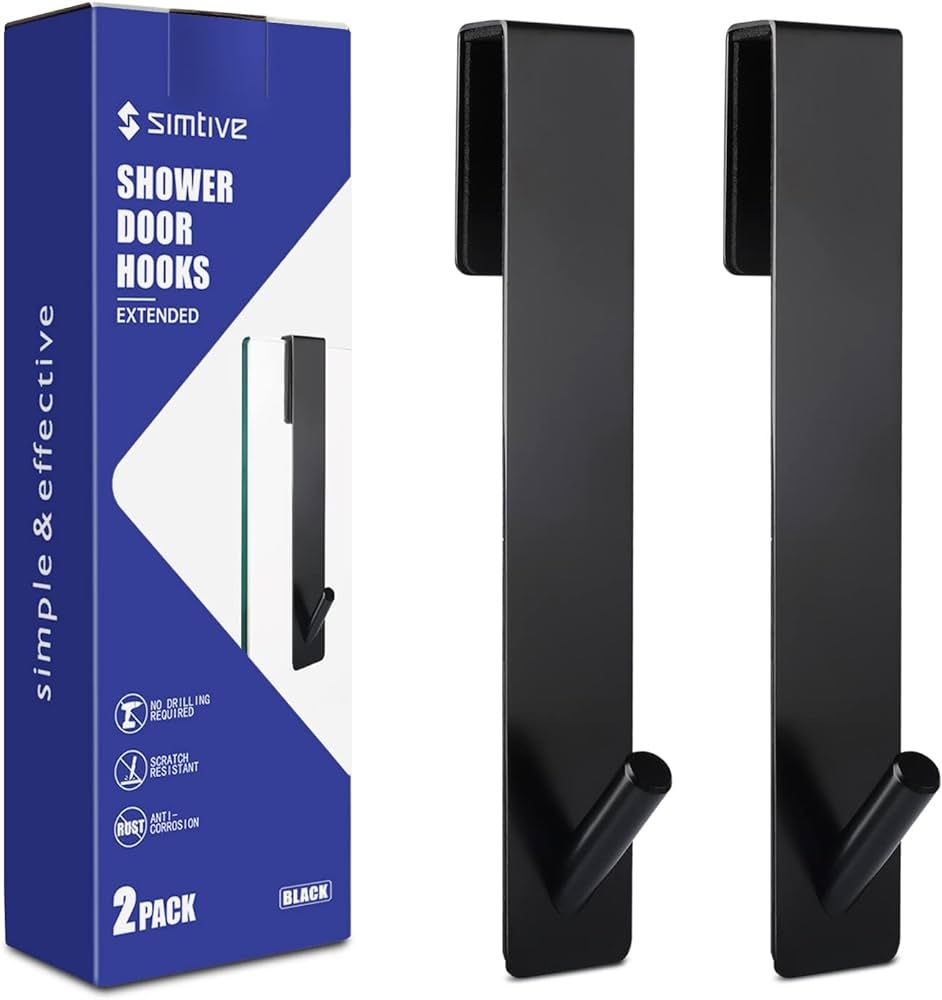 Simtive Extended Shower Door Hooks (7-Inch), Over Door Hooks for Bathroom Frameless Glass Shower Door, Towel Hooks, 2-Pack, Black | Amazon (US)