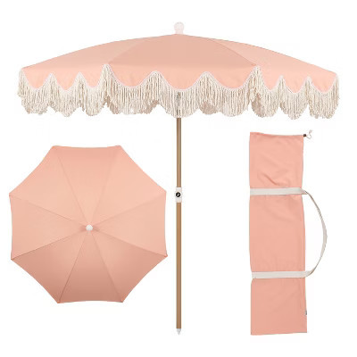 JONATHAN Y Mariner 6.5 ft. Fringe Tassel Beach Umbrella w/ Tilt,Wind Vent,UV Protection,Carry Bag in Coral Pink/Cream,Brown Pole | Target