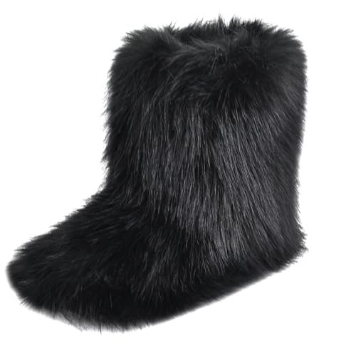 qenqenr Women's Fur Boots - Knee-High Faux Fur Winter Snow Boot with Fluffy Lining, Warm Comfy Round Toe Flat Fluffy Shoes Outdoor,Long Furry Boots for Girls | Amazon (US)