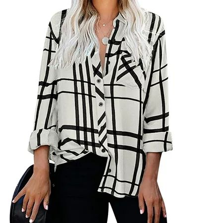 purcolt for Days!Fashion Long Sleeve Lapel Button Down Plaid Print Flannel Shirts for Women Fall Cas | Walmart (US)
