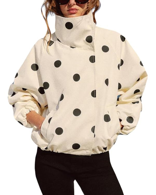 SCUSTY Women's Oversized Polka Dot Bomber Jacket Button Down Fall Coat | Amazon (US)