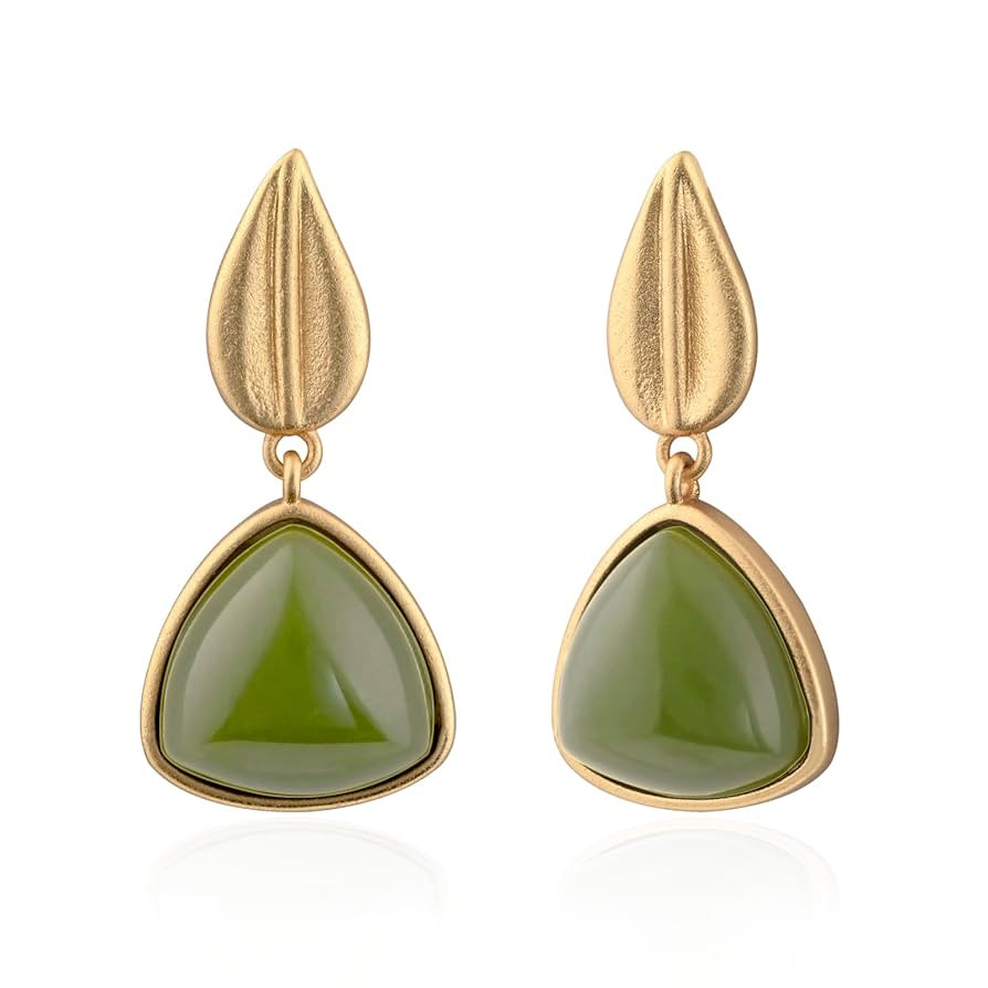 Gold Plated Natural Green Jade Earrings Elegant Triangle Birthstone Earrings with Gold Leaf Stud ... | Amazon (US)