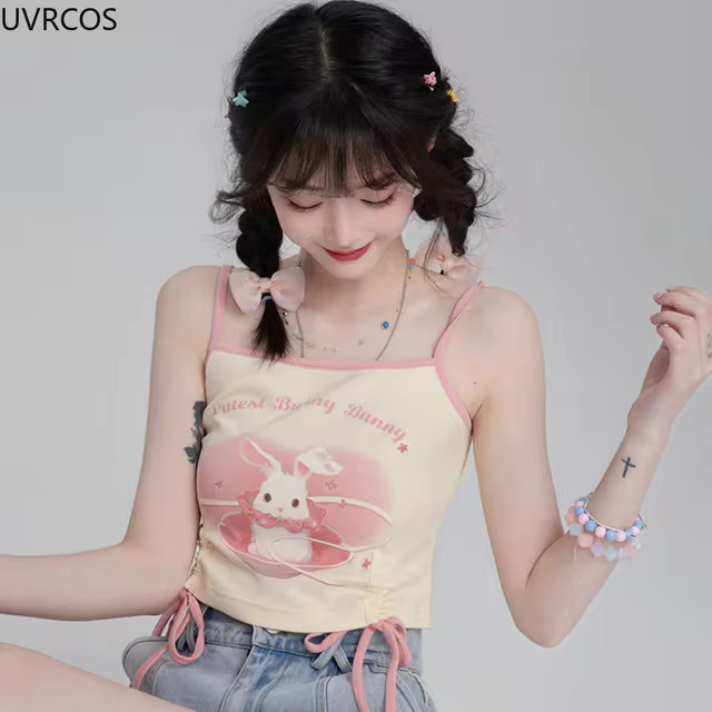 Pink Lolita Style Kawaii Vset Women Kawaii White Cartoon Bunny Print Sweet Tank Top Female Yellow... | AliExpress (US)