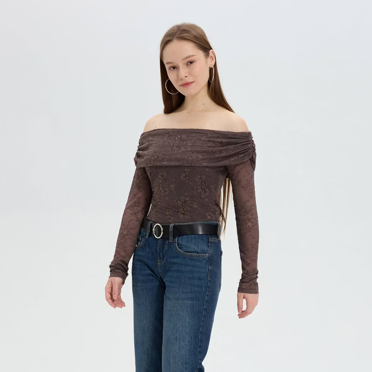 Women's Long Sleeve Off the Shoulder Foldover Top - Wild Fable™ Dark Brown Floral M | Target