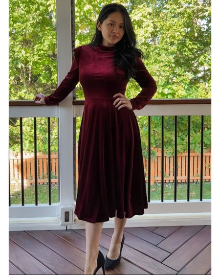 Holiday dress in wine. High quality velvet with gorgeous A-line skirt and fitted bodice.

#LTKHoliday #LTKwedding #LTKSeasonal
