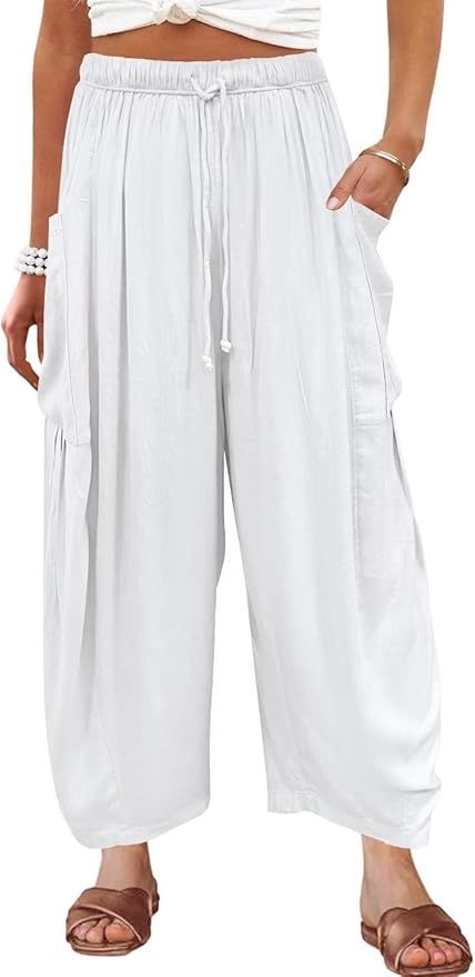 Kalssior Womens Wide Leg Pants Linen Palazzo Lounge Harem Pants Summer Beach Long Trousers with P... | Amazon (US)