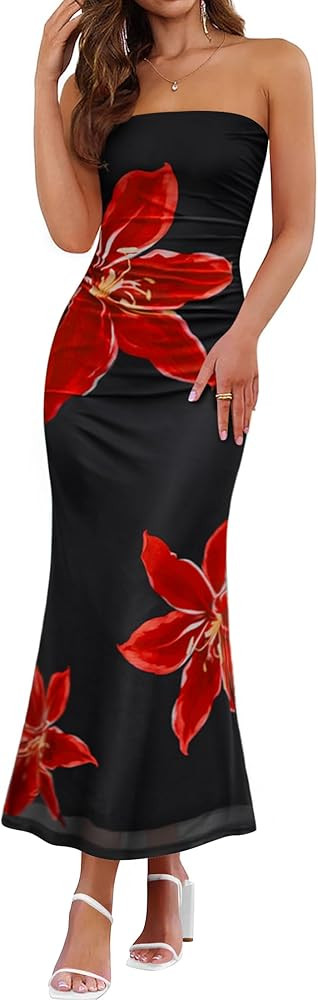 ZESICA Womens Boho Floral Strapless Maxi Dress 2025 Summer Off Shoulder Bodycon Beach Party Long ... | Amazon (US)