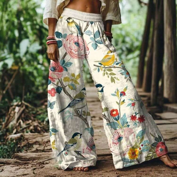 Women Boho Floral Bird Print Wide Leg Long Pants With Pockets | SHEIN