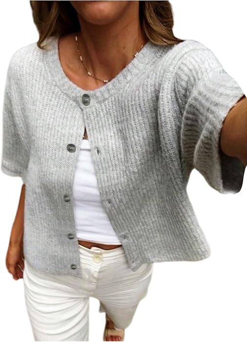 GORGLITTER Women's Short Sleeve Button Up Cardigan Crewneck Lightweight Knit Business Casual Swea... | Amazon (US)