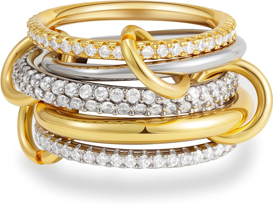 Gold Stackable Rings for Women, 14K Gold Plated Cubic Zirconia Rings, Silver Gold Multi Ring Mixe... | Amazon (US)