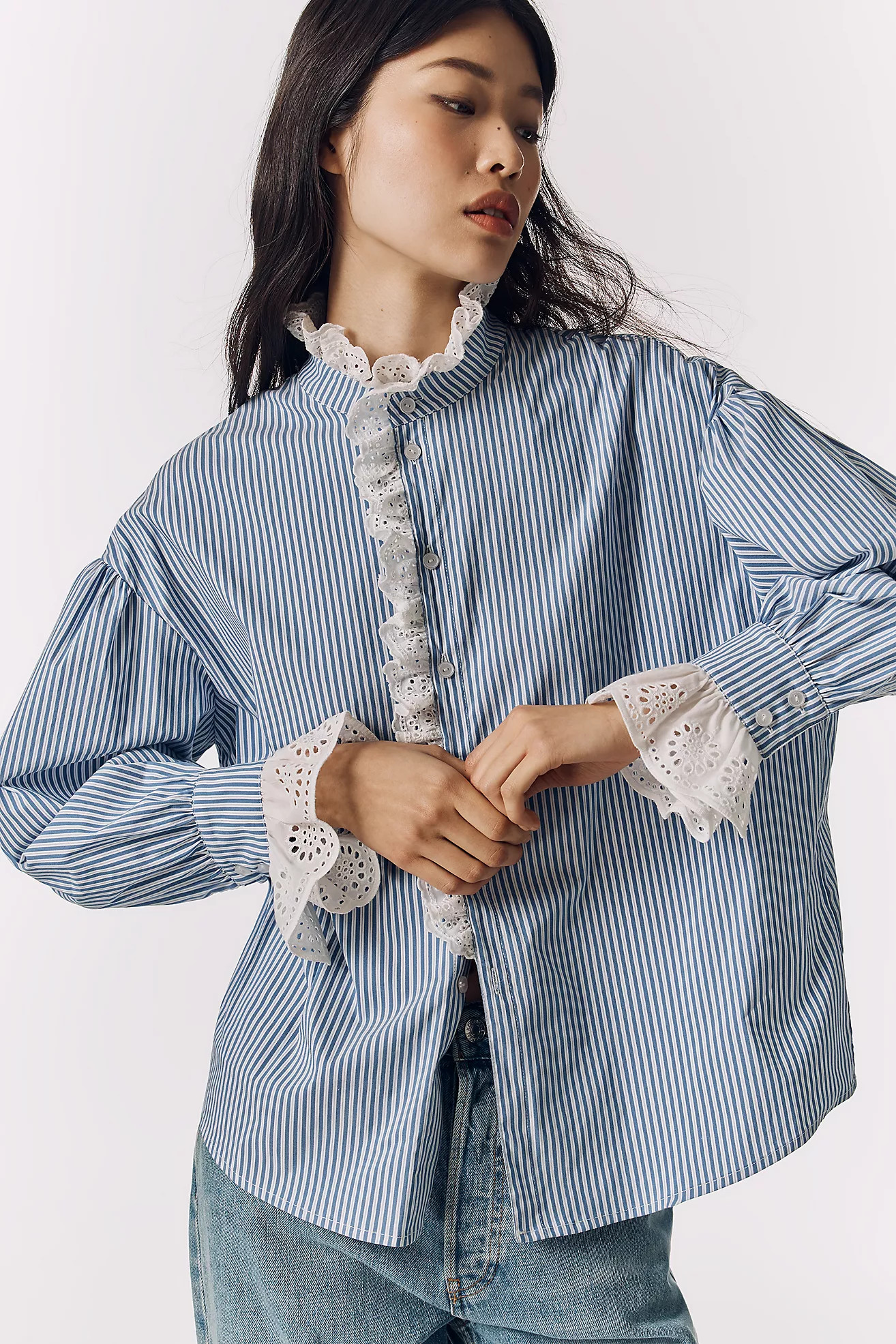 Exquise Petite Lace Trim Buttondown Shirt | Anthropologie (US)