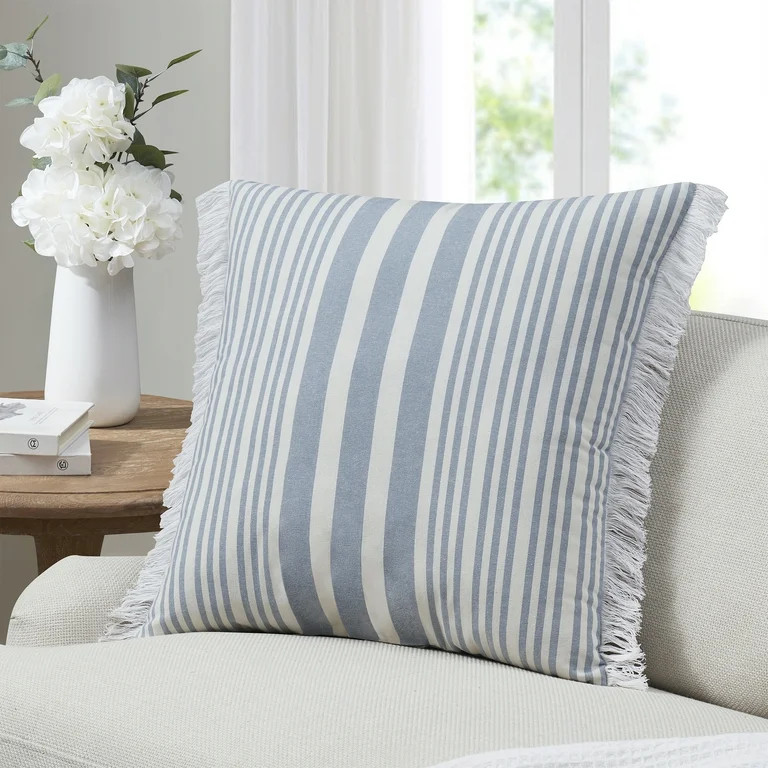 My Texas House 22" x 22" Ivory/Blue Meera Floral Fringe Cotton Decorative Pillow | Walmart (US)