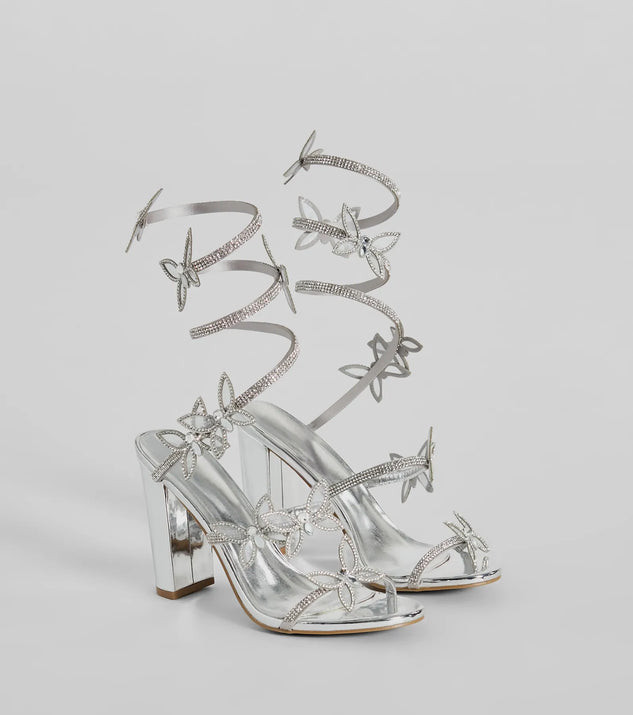 Dreamy Rhinestone Butterfly Spiral Metallic Heels | Windsor Stores