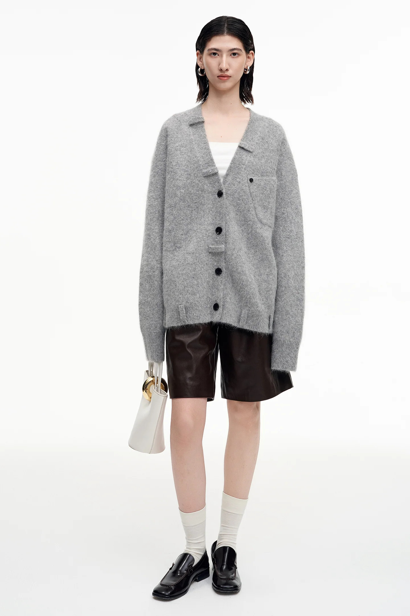 SELFWHO Angora rabbit hair and wool blend gray V-neck knitted cardigan | SELFWHO