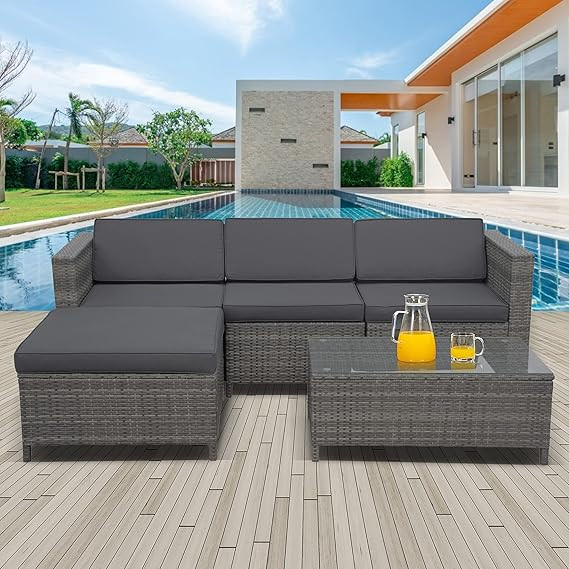 Outdoor Patio Furniture Set, 5 Pieces All-Weather Grey Wicker Rattan Outdoor Sectional Small Pati... | Amazon (US)