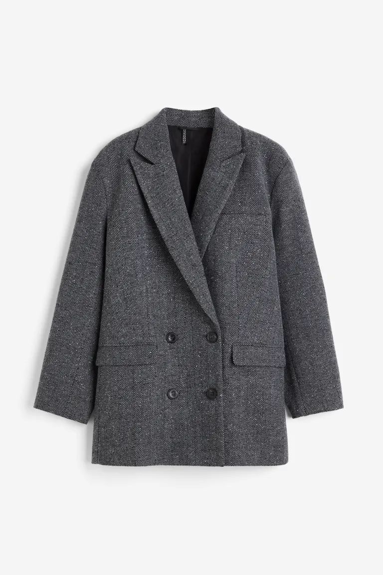 Oversized double-breasted blazer - Grey/Herringbone-patterned - Ladies | H&M GB | H&M (UK, MY, IN, SG, PH, TW, HK)