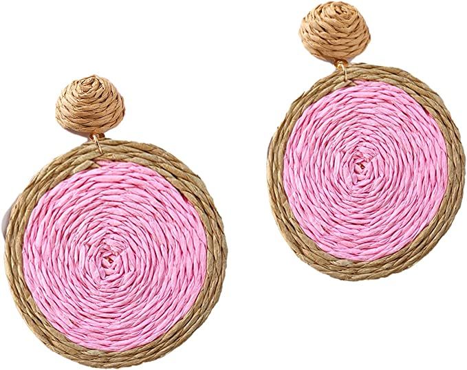 Handmade Geometric Rattan Round Disc Drop Dangle Earrings Straw Wicker Braid Raffia for Women Gir... | Amazon (US)