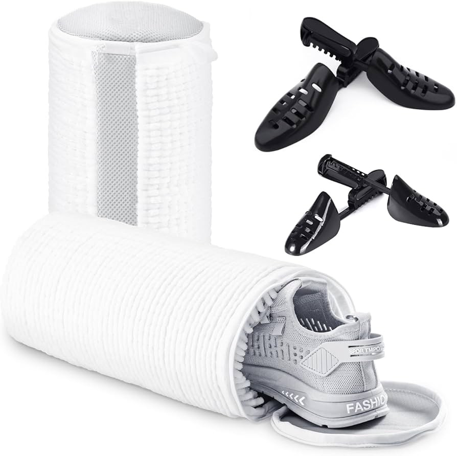 Shoe Washing Bag for Washing Machine, Fluffy Fibers Keep 360° Wrap-around Cleaning, 2 Pairs Adjustable Shoe Trees, Durable Hidden Zipper Reusable Shoe Laundry Bag for Sneaker Gym Shoes White | Amazon (US)