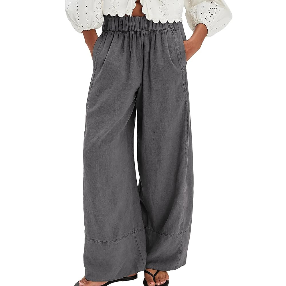 Linen Pants for Women Cotton Baggy Boho Casual Palazzo Pants Wide Leg Long Lounge Trousers with P... | Amazon (US)