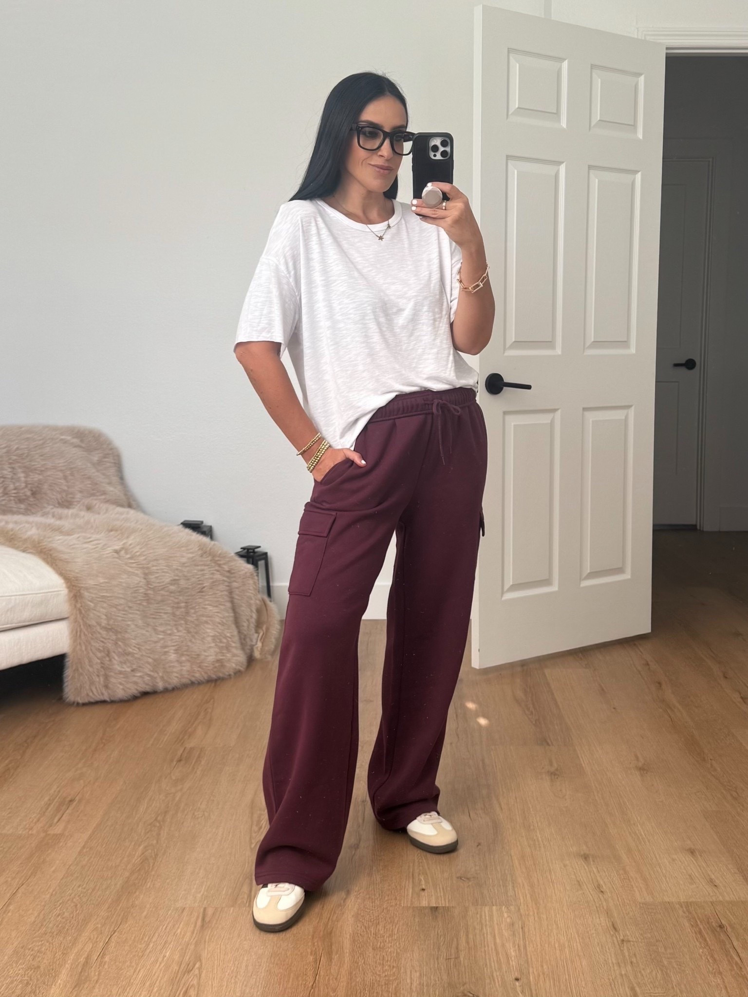 No Boundaries Fleece Cargo Wide-Leg Pants wearing size medium only $12. Time and Tru Women's Cotton Crewneck Tee with Short Sleeves only $4