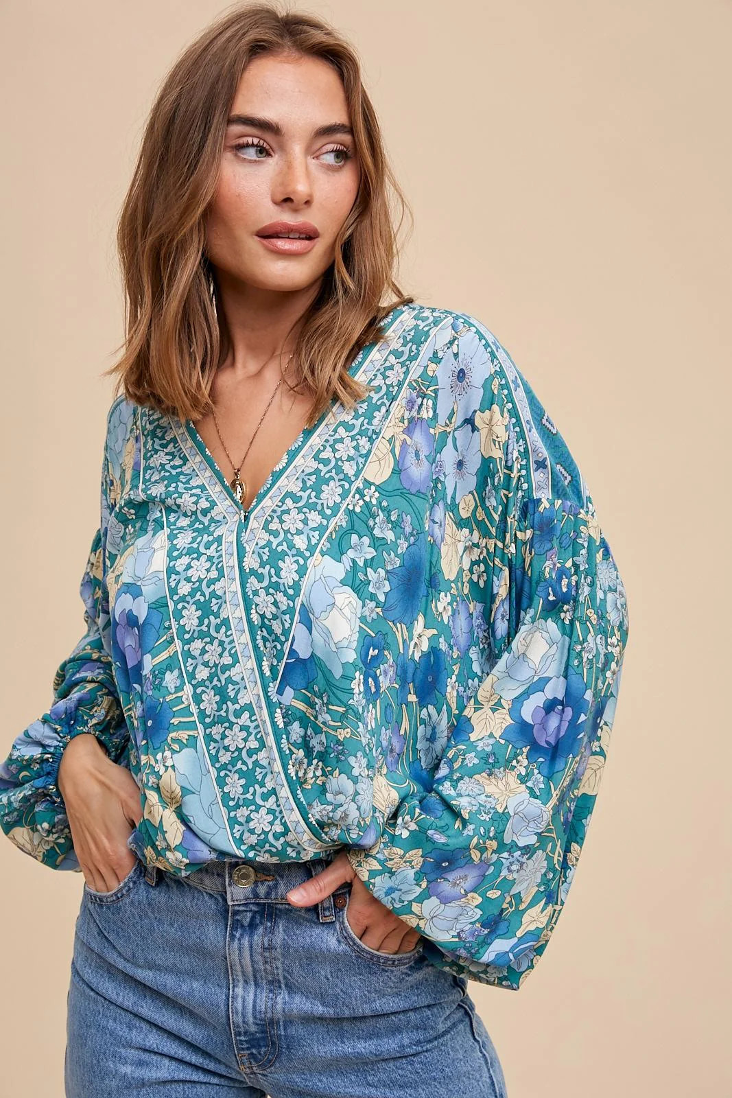 Emerald Teal Surplice Wrap Border Print Blouse | PinkBlush Maternity