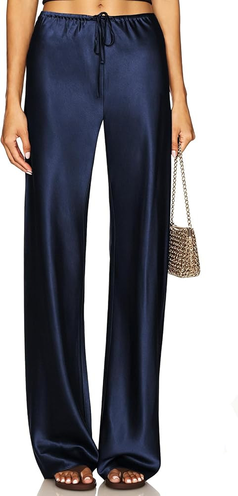 Women's Satin Wide Leg Pants Drawstring Elastic High Waisted Casual Flowy Leg Loose Straight Leg ... | Amazon (US)