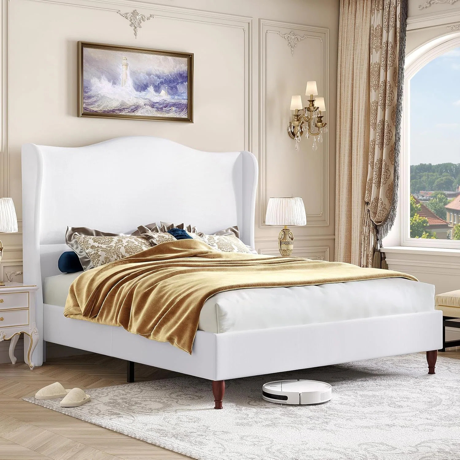 King Size Wingback Platform Bed Frame with Tall Headboard-White | Wayfair North America