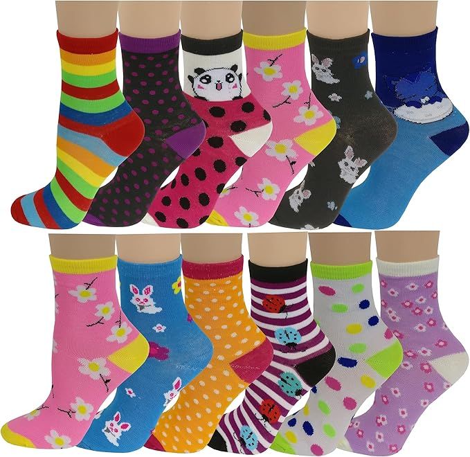 12 Pairs Pack Kids Girls Colorful Creative Fun Novelty Design Crew Socks | Amazon (US)