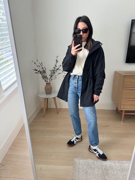 Zella rain jacket. Very thin, but I do like the shape. This black is textured and with print. 

Zell jacket xs
Everlane sweater xs
Levi’s jeans 24
Onitsuka sneaker 4 men’s. 
YSL sunglasses. 

Spring outfits, spring jacket, spring style, jeans, sneakers, petite style 

#LTKSeasonal #LTKitbag #LTKshoecrush