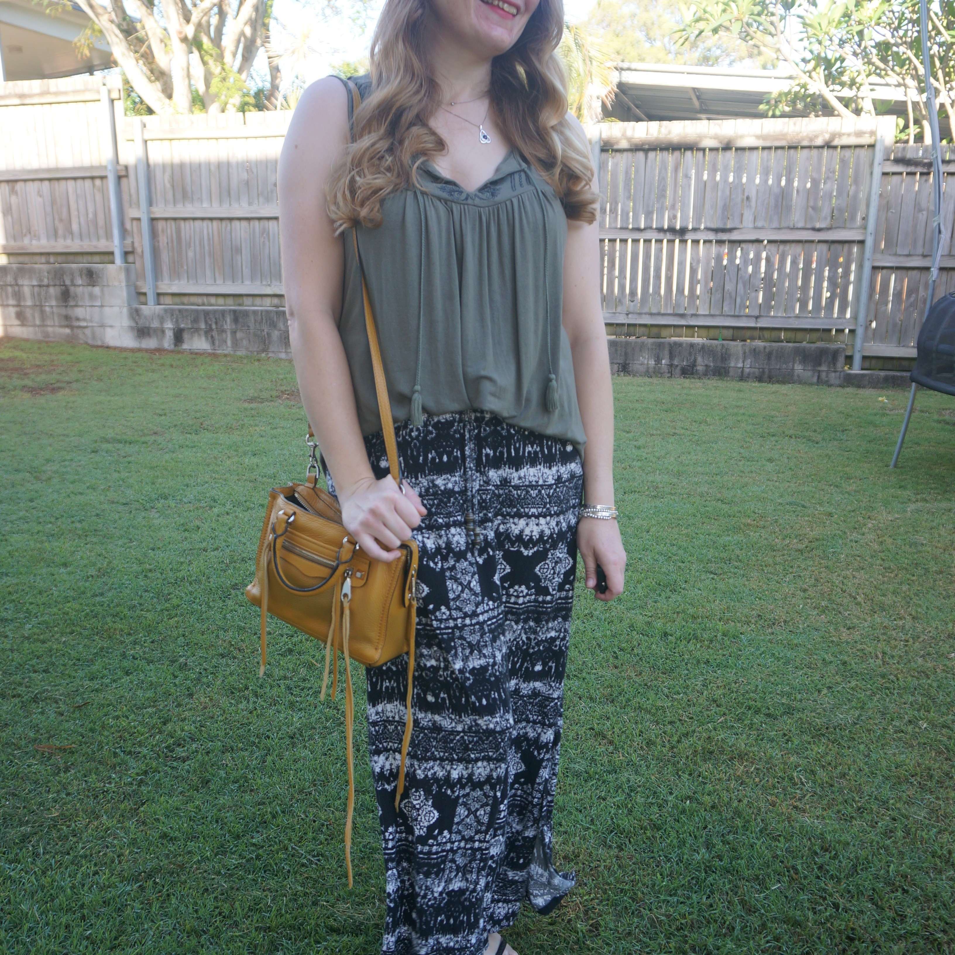 Olive embroidered tank with black and white printed maxi skirt and mustard Rebecca Minkoff micro Regan bag 💚💛

#LTKbag #LTKaustralia #LTKsummer