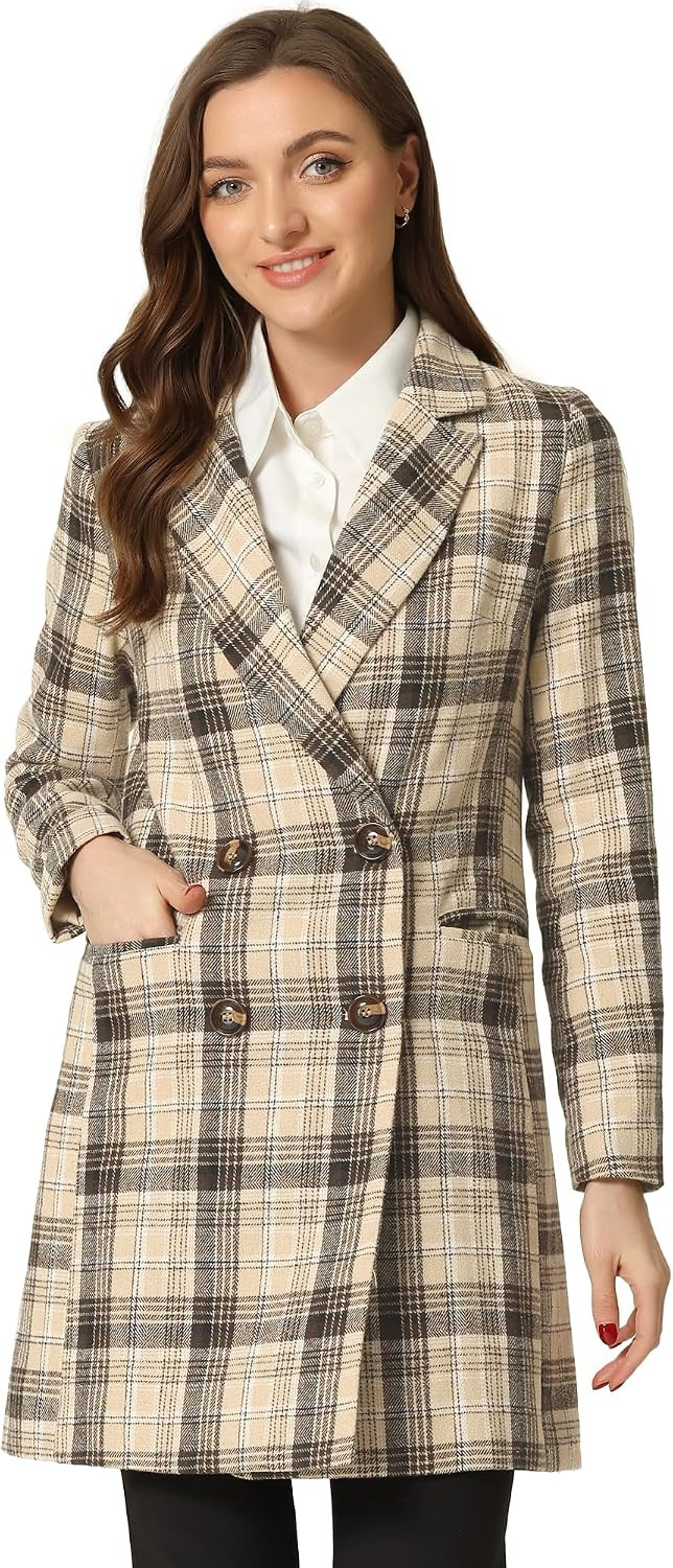 Allegra K Women's Double Breasted Notched Lapel Plaid Trench Blazer Coat | Amazon (US)