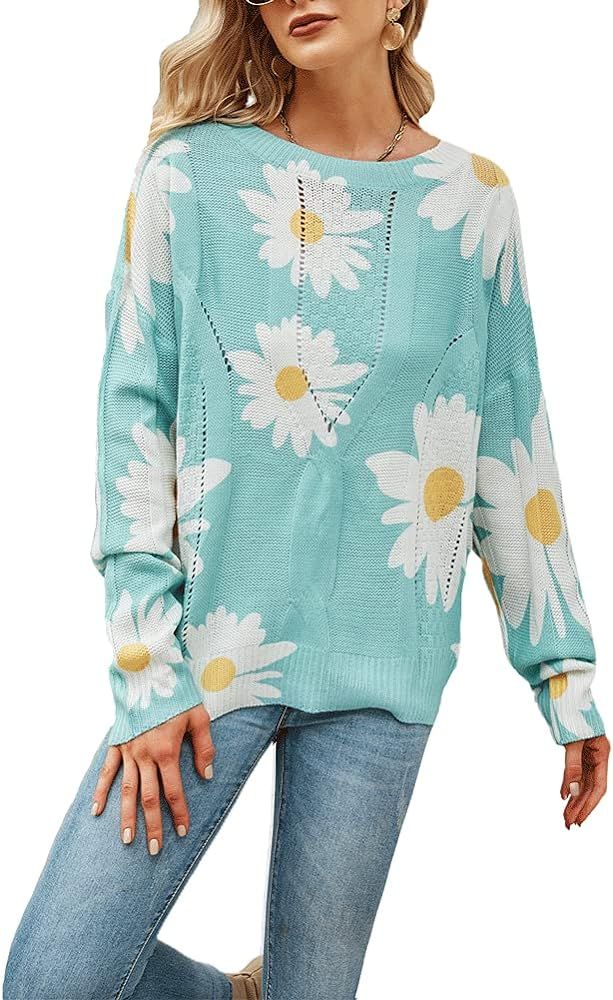chouyatou Women's Crewneck Long Sleeve Floral Printed Knitted Sweater Pullover Tops | Amazon (US)