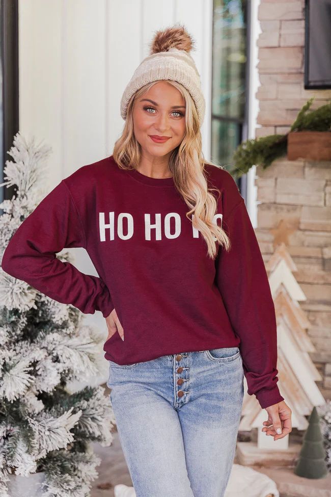 Ho Ho Ho Block Maroon Graphic Sweatshirt | The Pink Lily Boutique