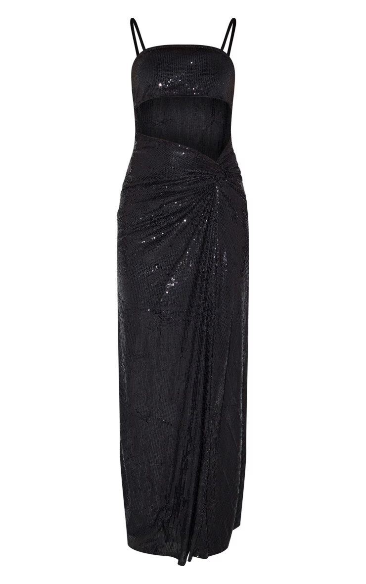 Black Sequin Strappy Cut Out Knot Skirt Maxi Dress | PrettyLittleThing US