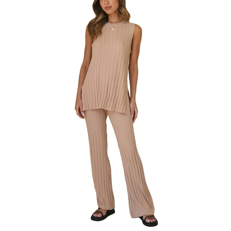 Women Summer Knit 2 Piece Pants Set Sleeveless Split Tank Top and High Waist Wide Leg Pants Outfi... | Walmart (US)