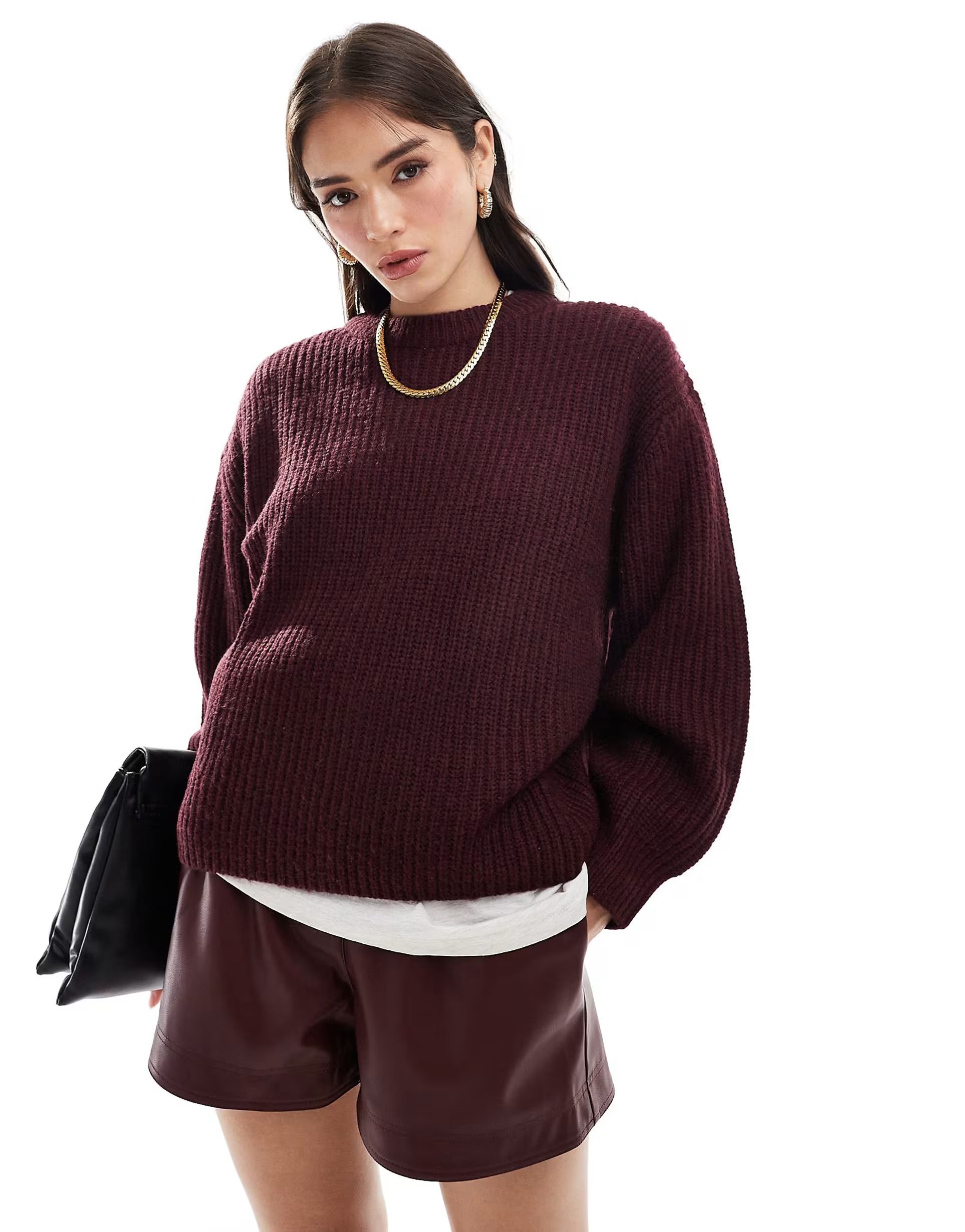 ASOS DESIGN chunky crew neck rib sweater in burgundy | ASOS (Global)