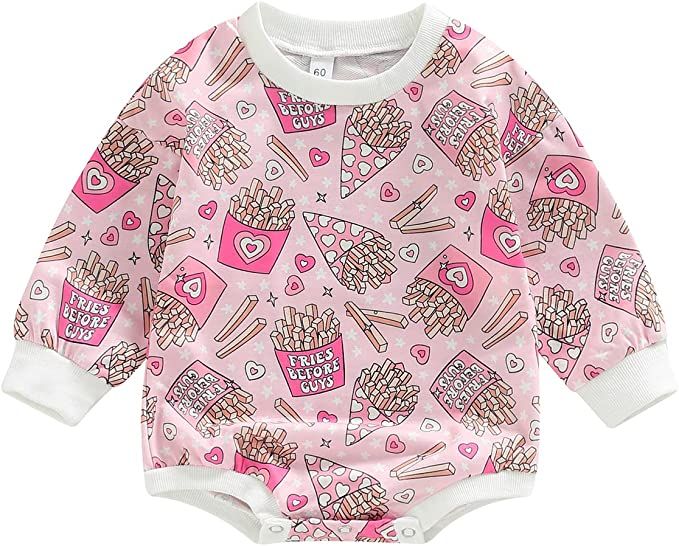 Newborn Baby Girl Valentines Day Romper Sweatshirt Outfit Infant Long Sleeve Bubble Oversized Cre... | Amazon (US)