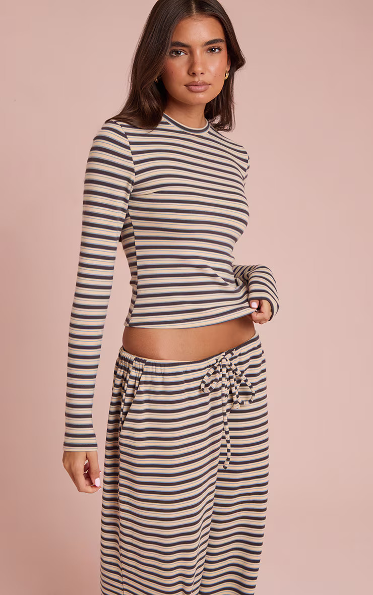 Brown Striped Soft Fleece Long Sleeve Top | PrettyLittleThing UK