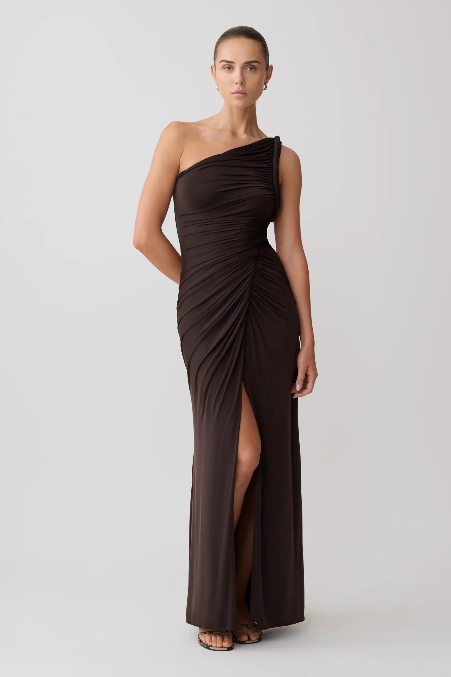 Ryn Twisted One Shoulder Maxi Dress - Dark Chocolate | Meshki UK