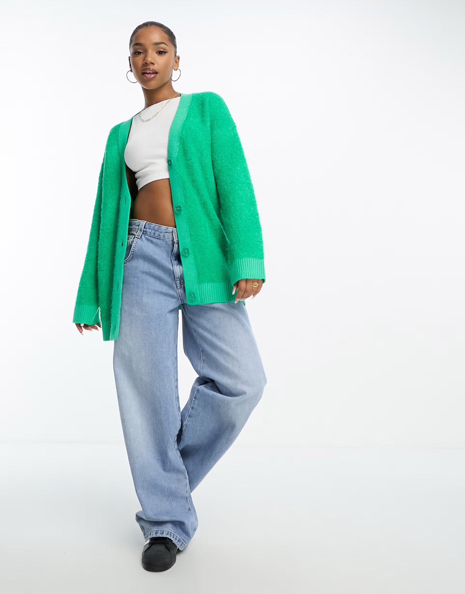 ASOS DESIGN longline boyfriend cardigan in textured stitch in green | ASOS (Global)